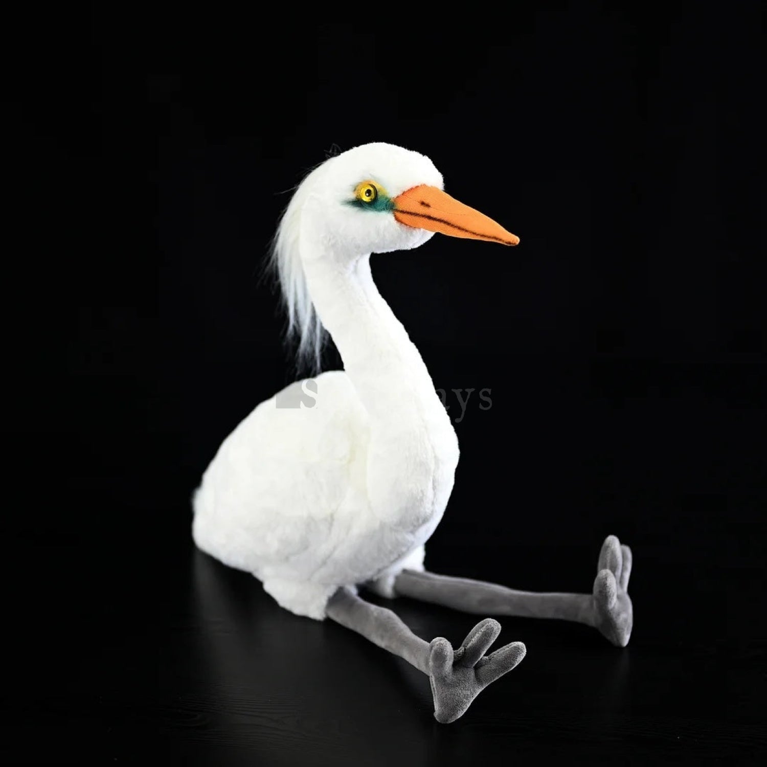 Lifelike Chinese egret bird plush toy sitting with realistic white feathers and bright orange beak