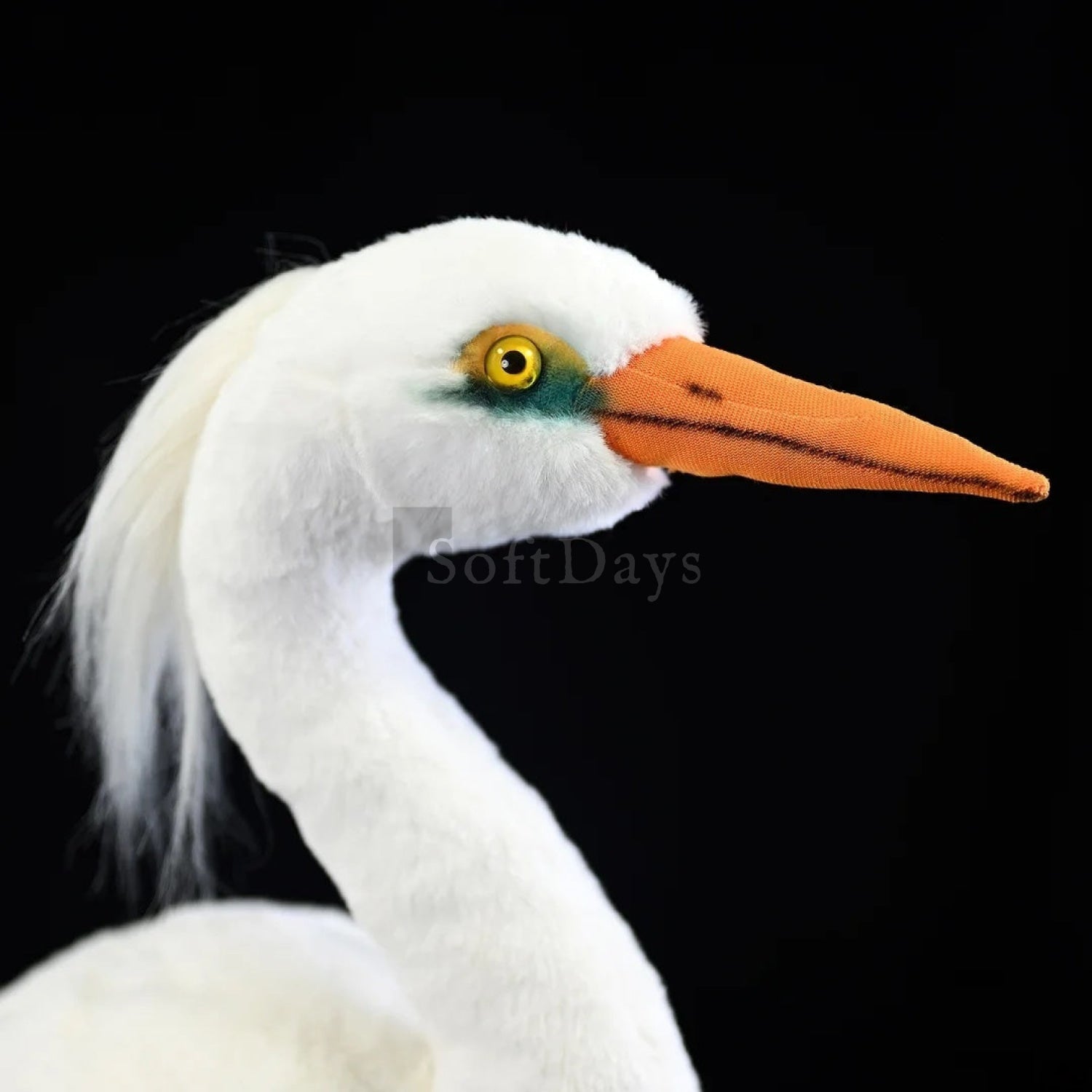 Close-up of the Chinese egret bird plush toy's orange beak, yellow eye, and realistic feather details