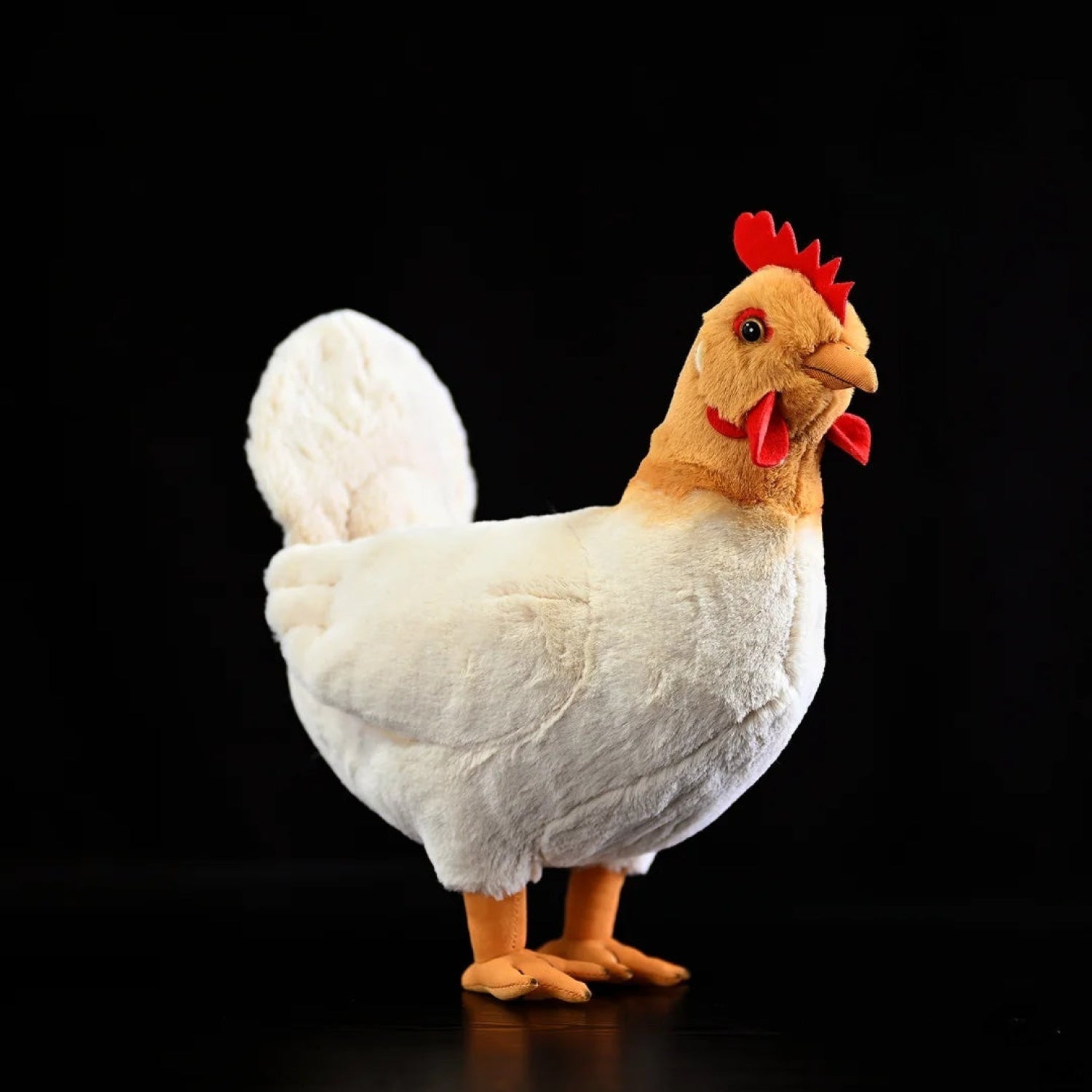 Lifelike hen chicken plush toy with soft white feathers, red comb, orange beak, and realistic details