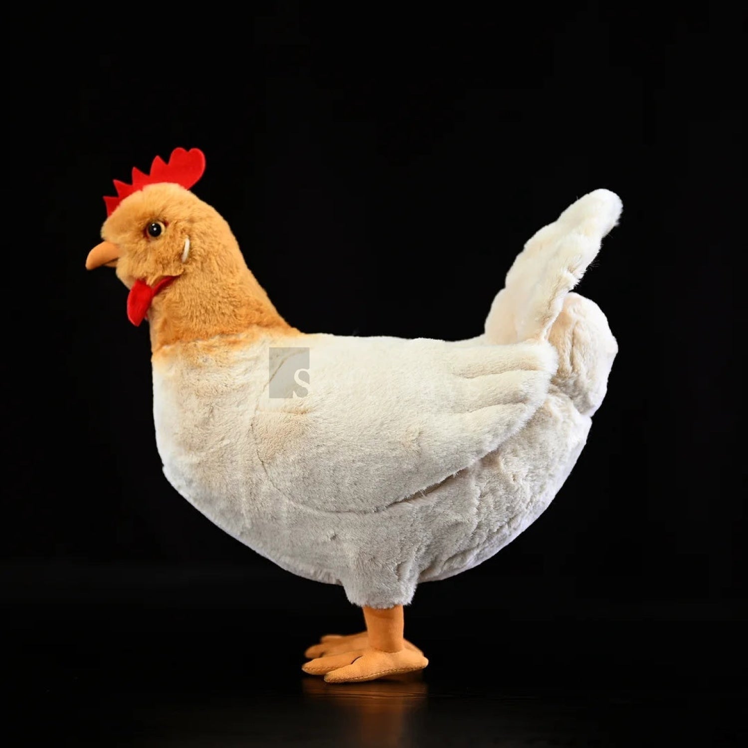 Hen chicken plush toy with soft white feathers, orange beak, red comb, and lifelike craftsmanship