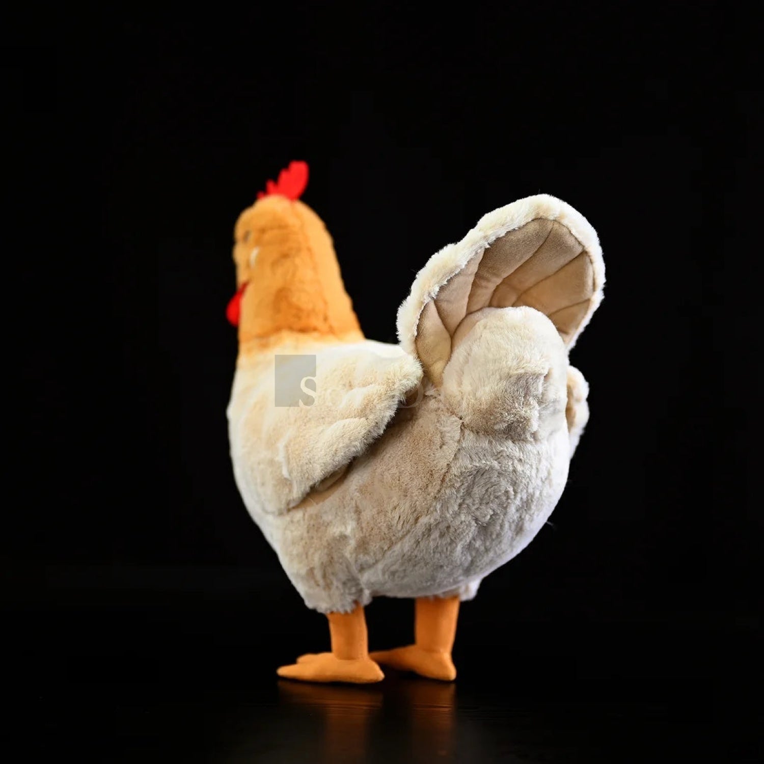 Hen chicken stuffed plush with fluffy white tail, soft feathers, and realistic farm animal features