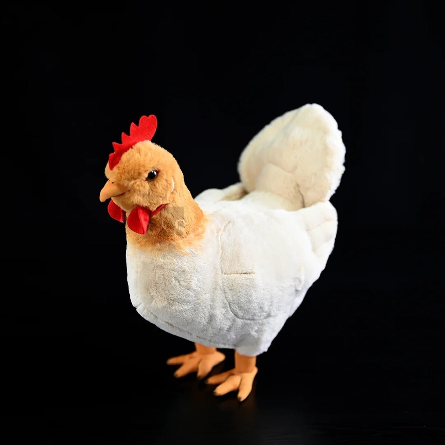 Adorable hen chicken plush toy with white feathers, orange legs, red comb, and lifelike design