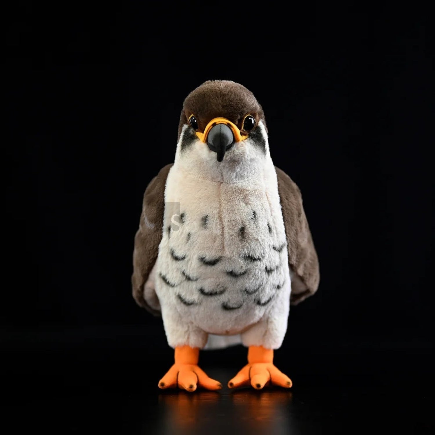 Lifelike peregrine falcon plush toy featuring detailed black head markings and soft feathers