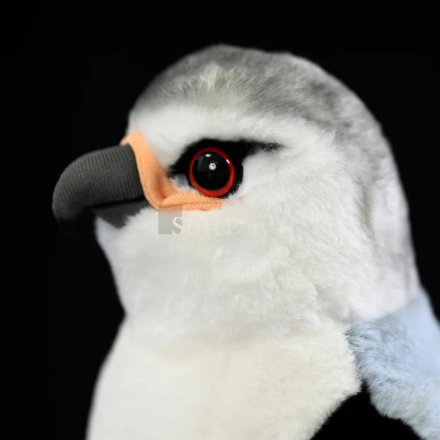 Close-up of lifelike black-winged kite plush toy’s head highlighting lifelike red eyes and black-striped beak