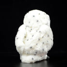 Rear side of snowy owl stuffed animal, highlighting realistic black speckles and cuddly texture