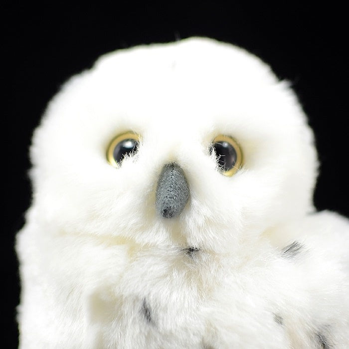 Close-up of snowy owl plush toy's face, featuring bright eyes and a detailed beak for an authentic look