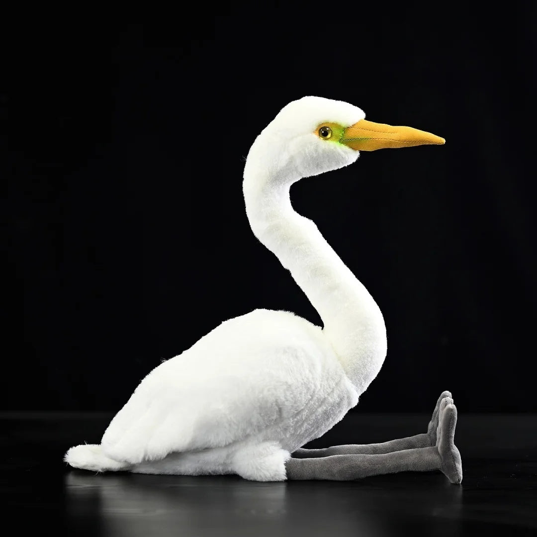 Side view of a realistic Great White Egret plush toy with soft textures by SoftDaysLab