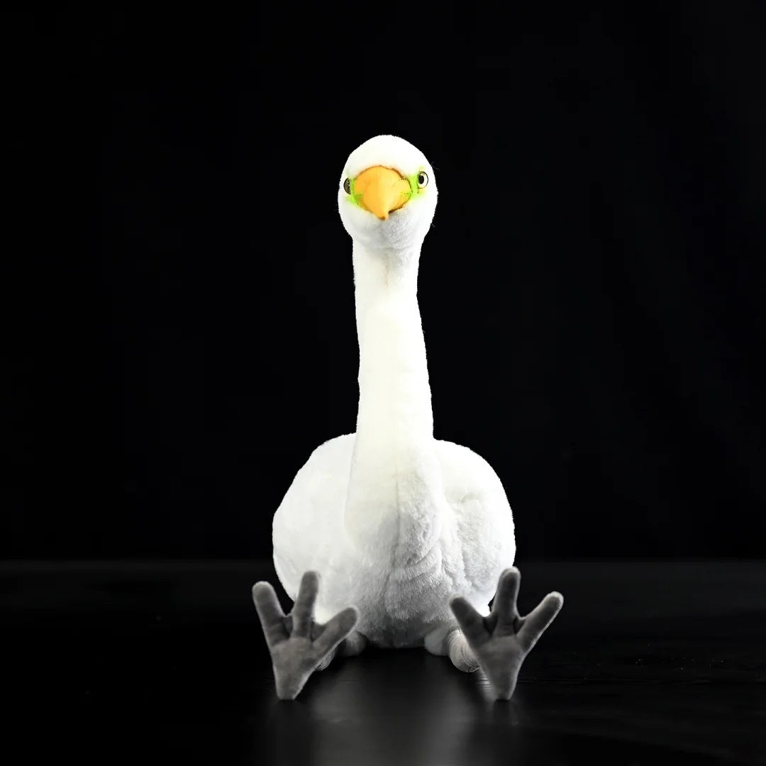 Front view of a Great White Egret stuffed toy showcasing its lifelike design and adorable details