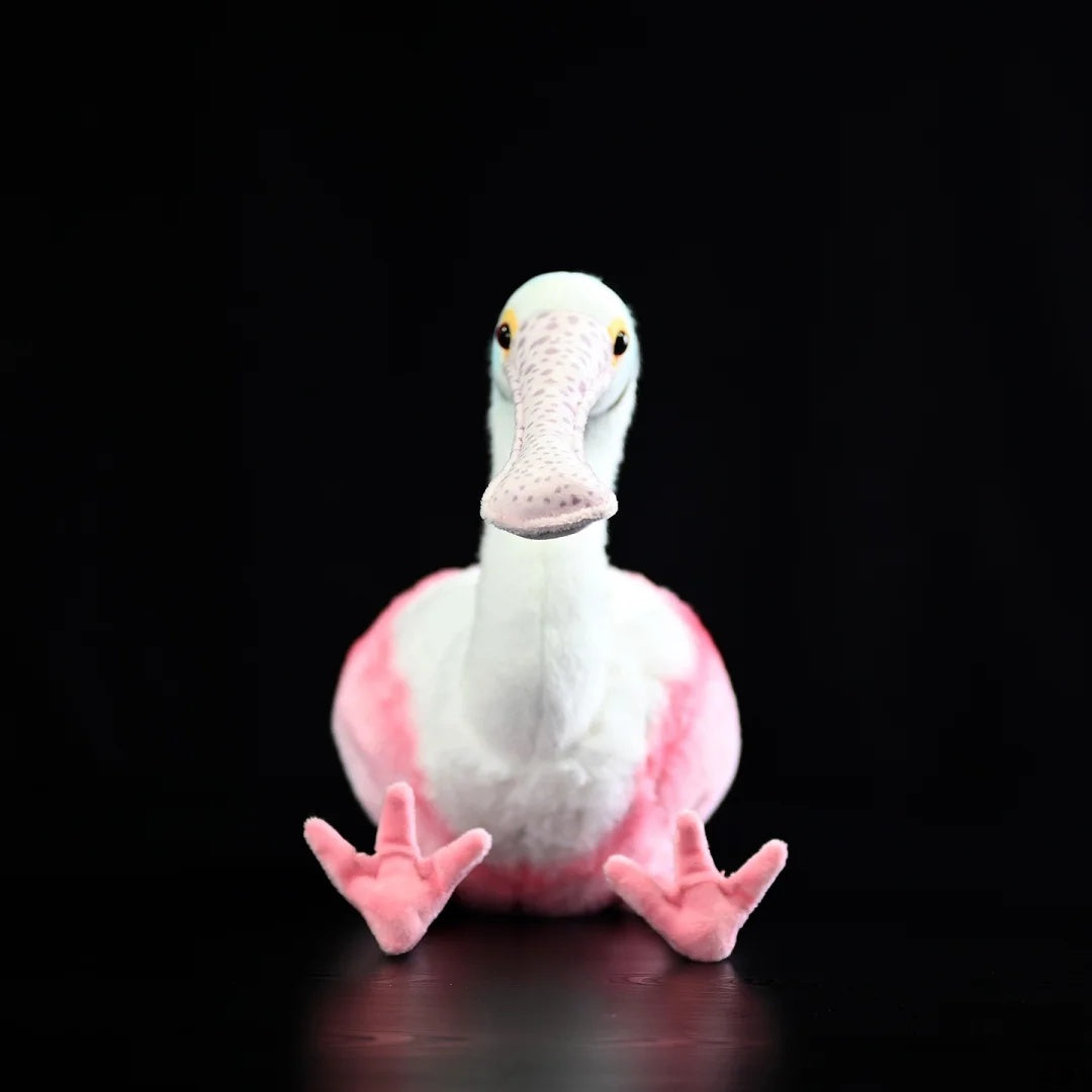 Front view of Roseate Spoonbill plush showcasing its iconic spoon-shaped bill and soft pink feathers