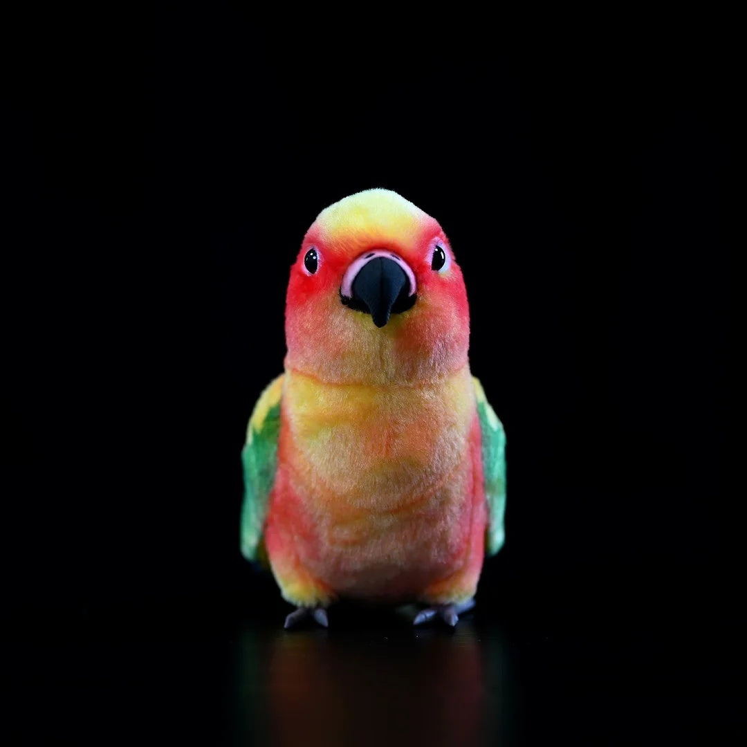 Forward-facing Sun Conure plush toy by SoftDaysLab®, featuring its lifelike parrot beak and vibrant plumage