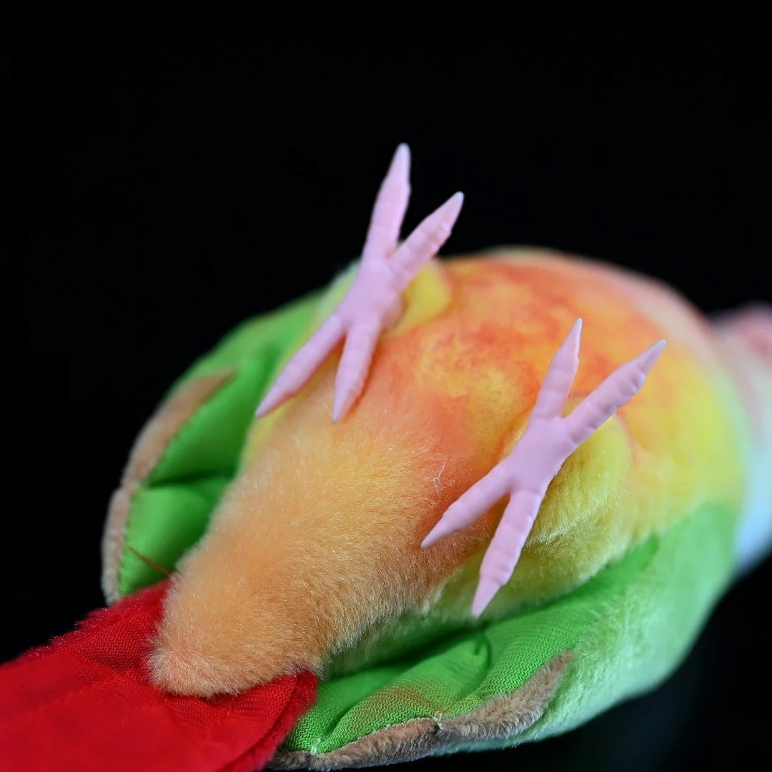 Underside of Pineapple Green-cheeked Conure plush by SoftDaysLab®, showing accurate parrot feet and tail design