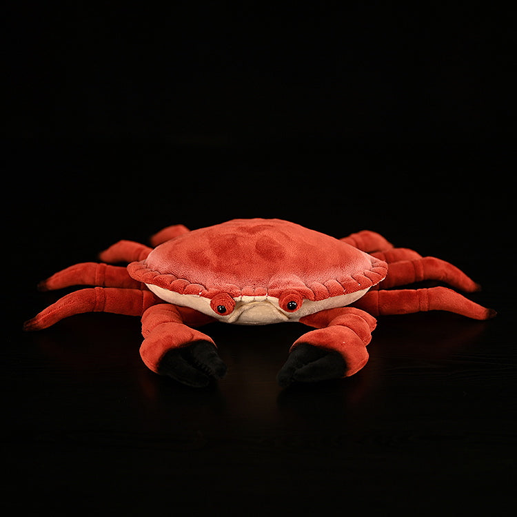Front view of the Edible Crab Plush, showcasing its vibrant red shell, detailed claws, and adorable design