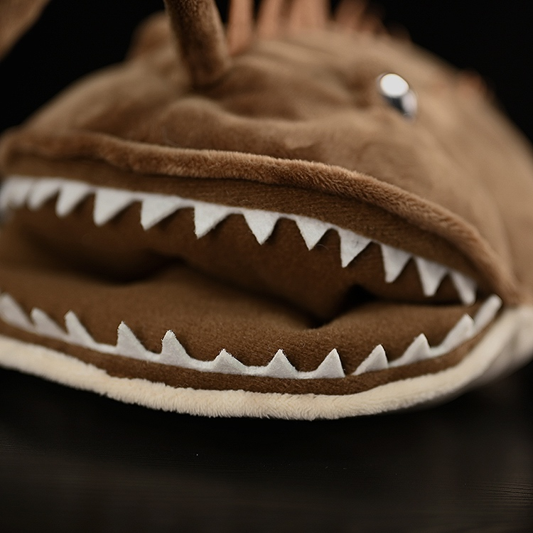 Close-up of the open mouth on American Monkfish plush, showcasing sharp teeth and lifelike design by SoftDaysLab