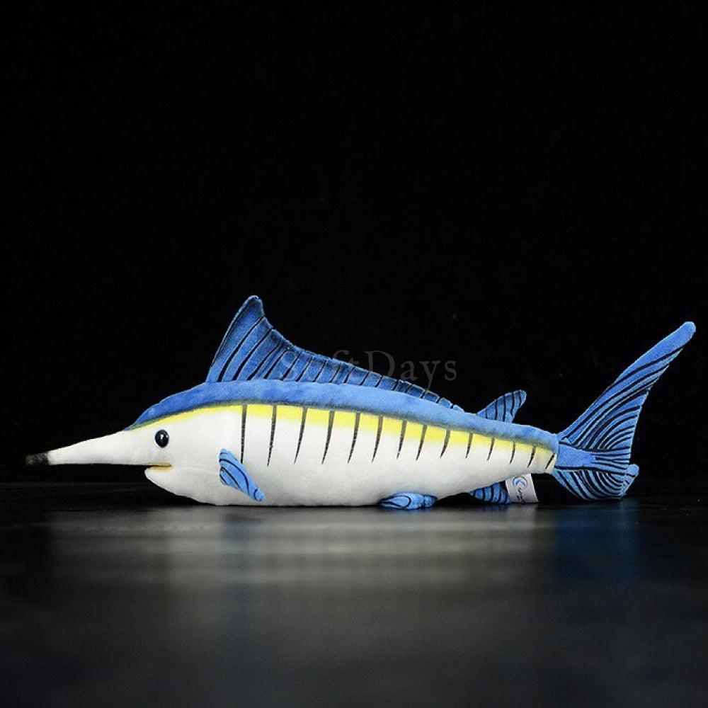Side view of Blue Marlin fish plush toy by SoftDaysLab, vibrant colors and detailed stitching, marine toy