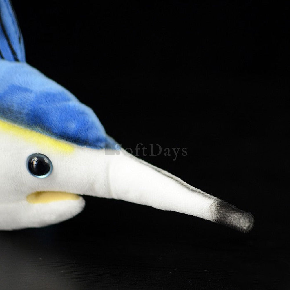 Close-up of Blue Marlin plush toy’s pointed snout, soft and detailed ocean animal stuffed toy