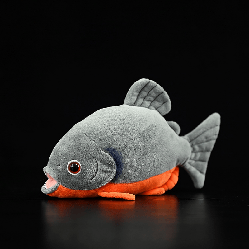 Lifelike Red-Bellied Piranha plush toy by SoftDaysLab, soft stuffed fish replica with vibrant red accents