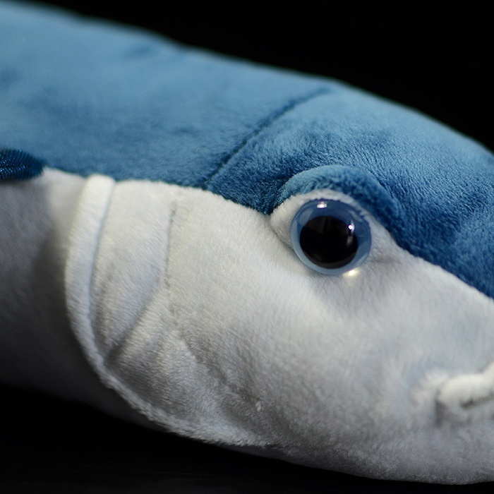 Detailed view of the flying fish plush toy’s realistic eye and smooth texture