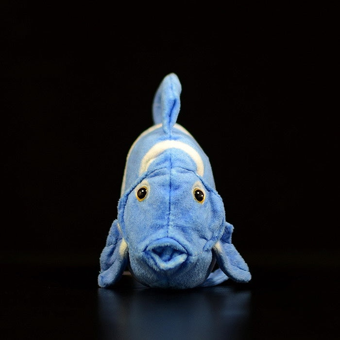 Front view of blue tang fish plush toy with detailed eyes and vibrant colors by SoftDaysLab