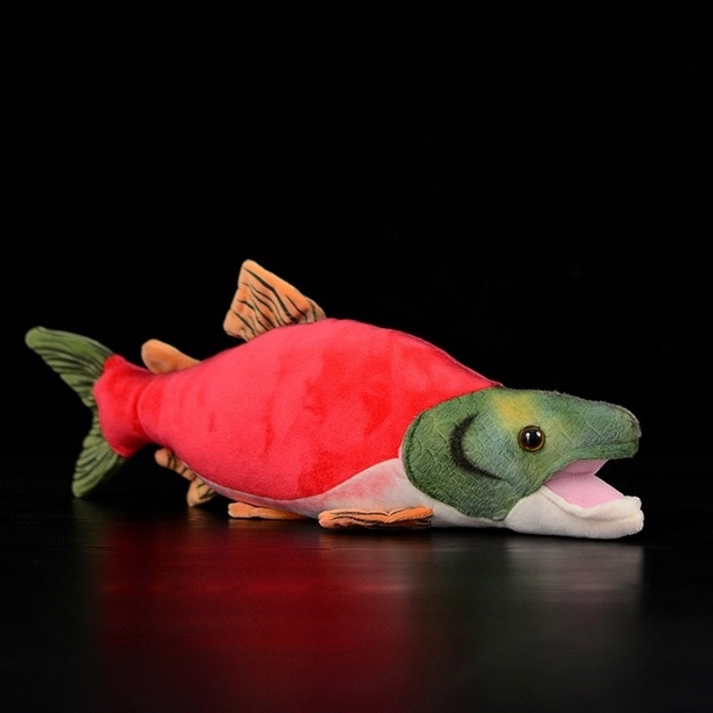 Realistic sockeye salmon plush toy by SoftDaysLab, featuring vibrant red and green details