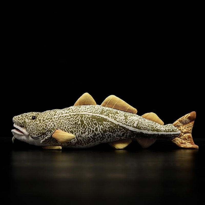Side view of Atlantic cod plush toy, highlighting its realistic design and dorsal fin details