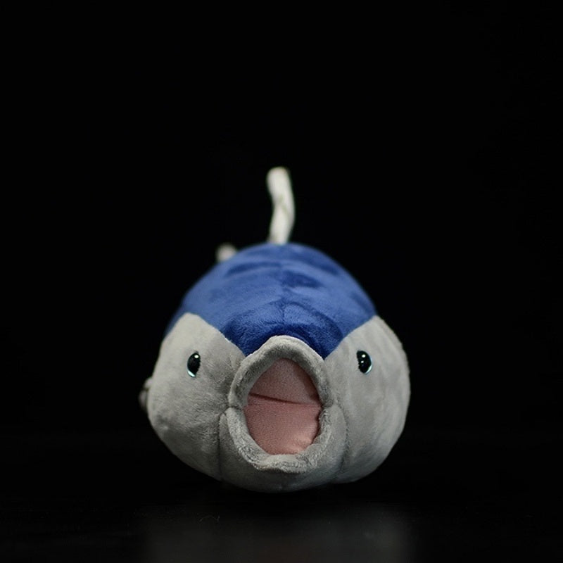 Front view of Atlantic Bluefin Tuna plush toy showing realistic head and open mouth design