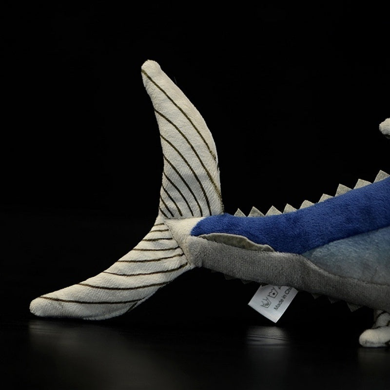 Tail detail of Atlantic Bluefin Tuna plush toy, showing striped textures and lifelike shape