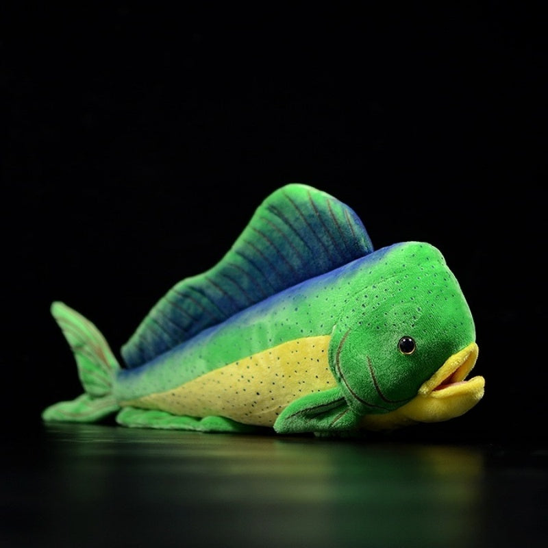 Realistic Mahi Mahi plush toy with vibrant green and yellow colors, lifelike details by SoftDaysLab