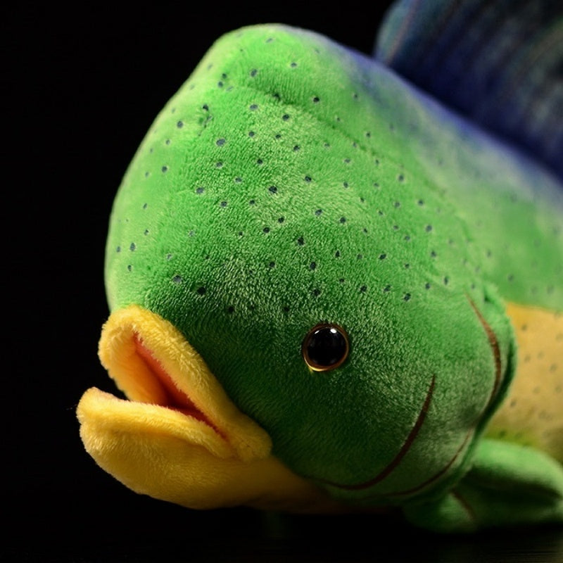 Close-up of Mahi Mahi plush toy’s face with realistic eyes and detailed mouth by SoftDaysLab