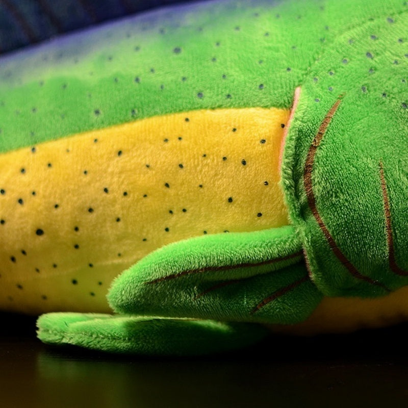 Side fin detail of Mahi Mahi plush toy, showing green and yellow textures with soft fabric