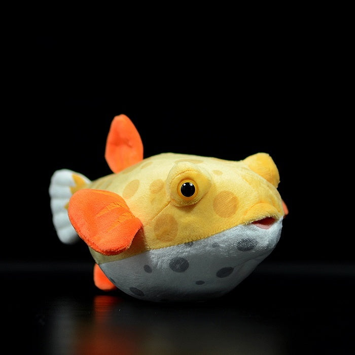 Full view of SoftDaysLab's Eastern Smooth Boxfish plush toy, featuring vibrant orange fins and spotted designLifelike