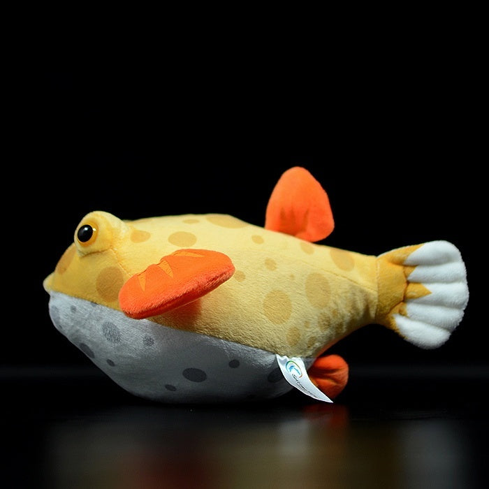 Side view of the Eastern Smooth Boxfish plush, highlighting its spotted body and lifelike details by SoftDaysLab