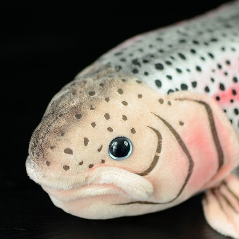 Close-up of rainbow trout plush toy’s face showcasing lifelike eyes and intricate markings