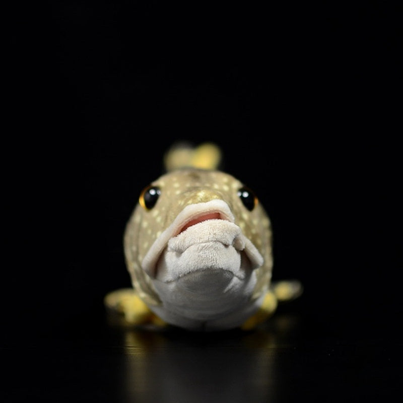 Front view of northern pike plush toy showcasing realistic mouth and bright yellow eyes