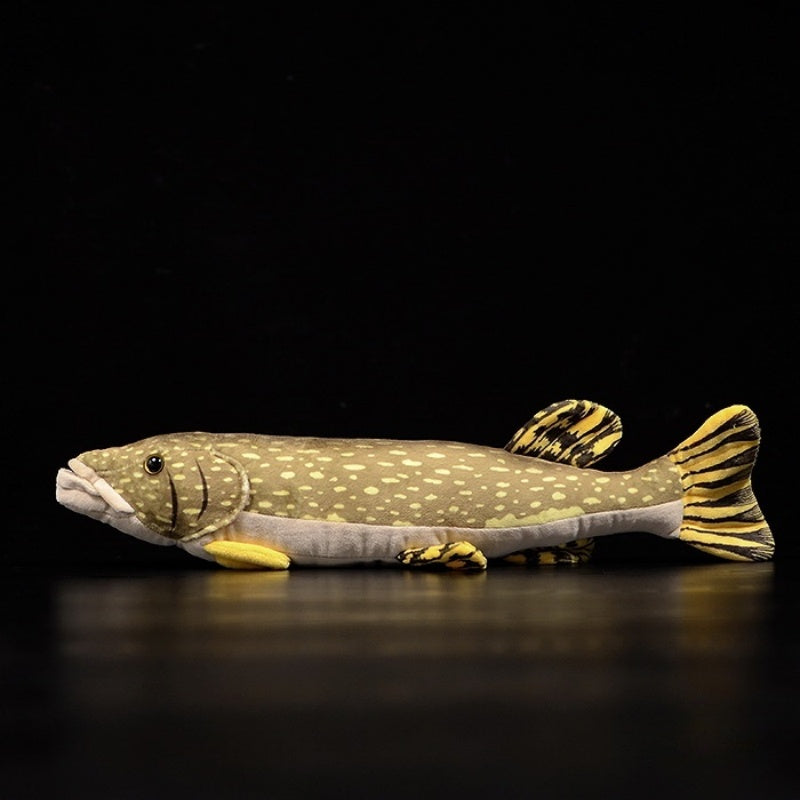 Full side profile of northern pike plush toy with spotted body and striped tail fin by SoftDaysLab