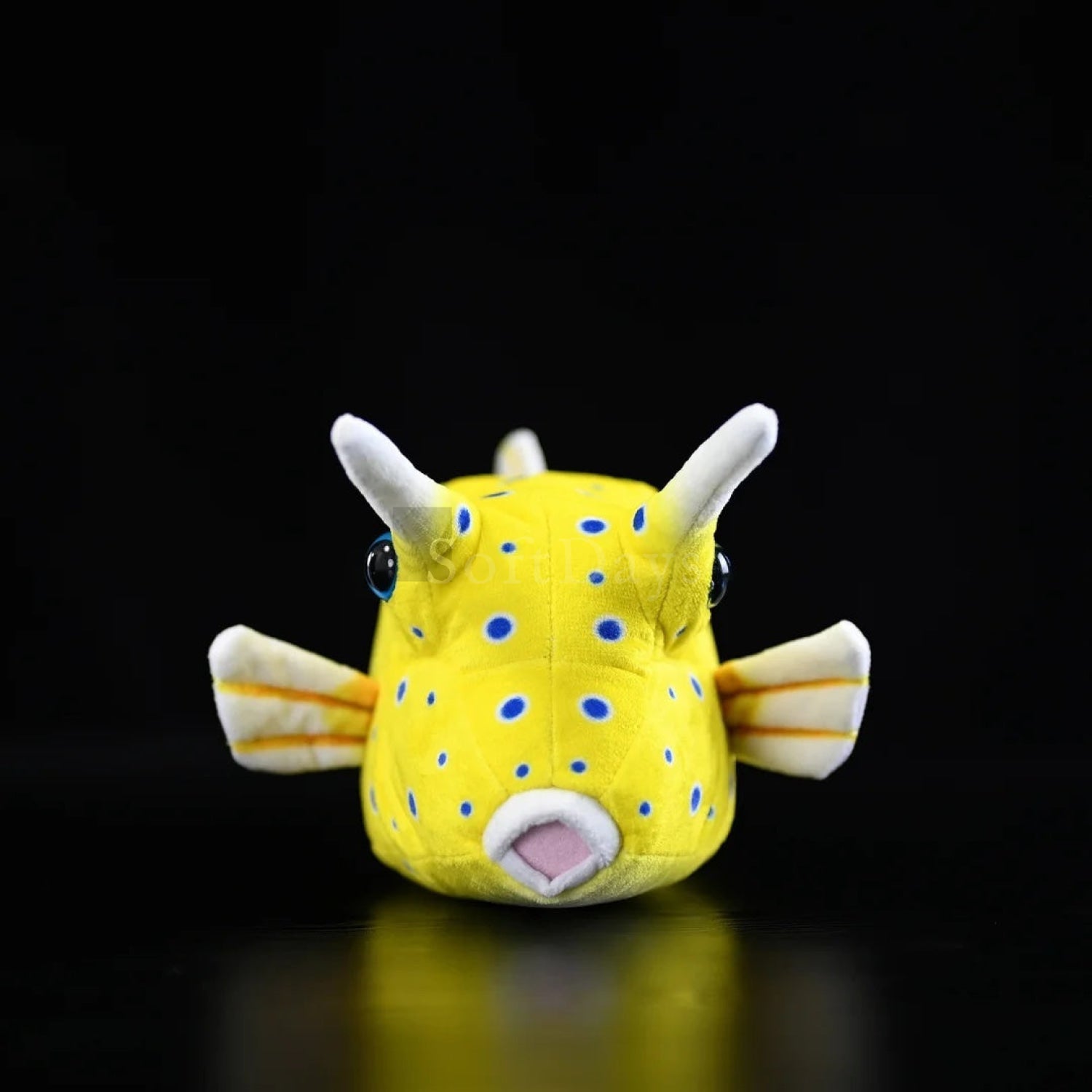 Realistic Longhorn Cowfish plush toy, showcasing lifelike horns and dotted yellow body