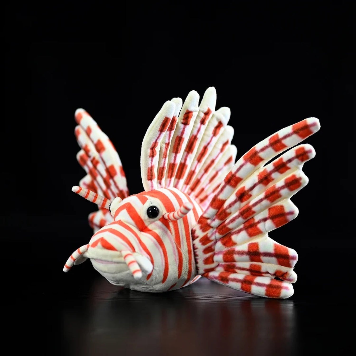 Realistic red lionfish plush toy with vibrant stripes and detailed fins