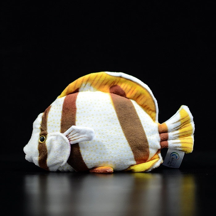 Lifelike Four-banded Butterflyfish plush with vibrant yellow and brown stripes