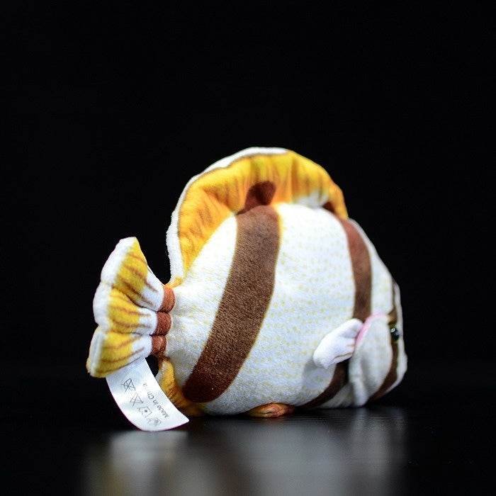 Side view of lifelike Four-banded Butterflyfish plush with vibrant yellow and brown stripes