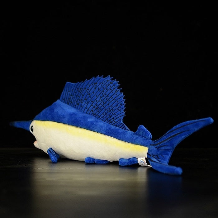 Detailed side view of an Indo-Pacific Sailfish plush toy with a strikingly realistic dorsal fin