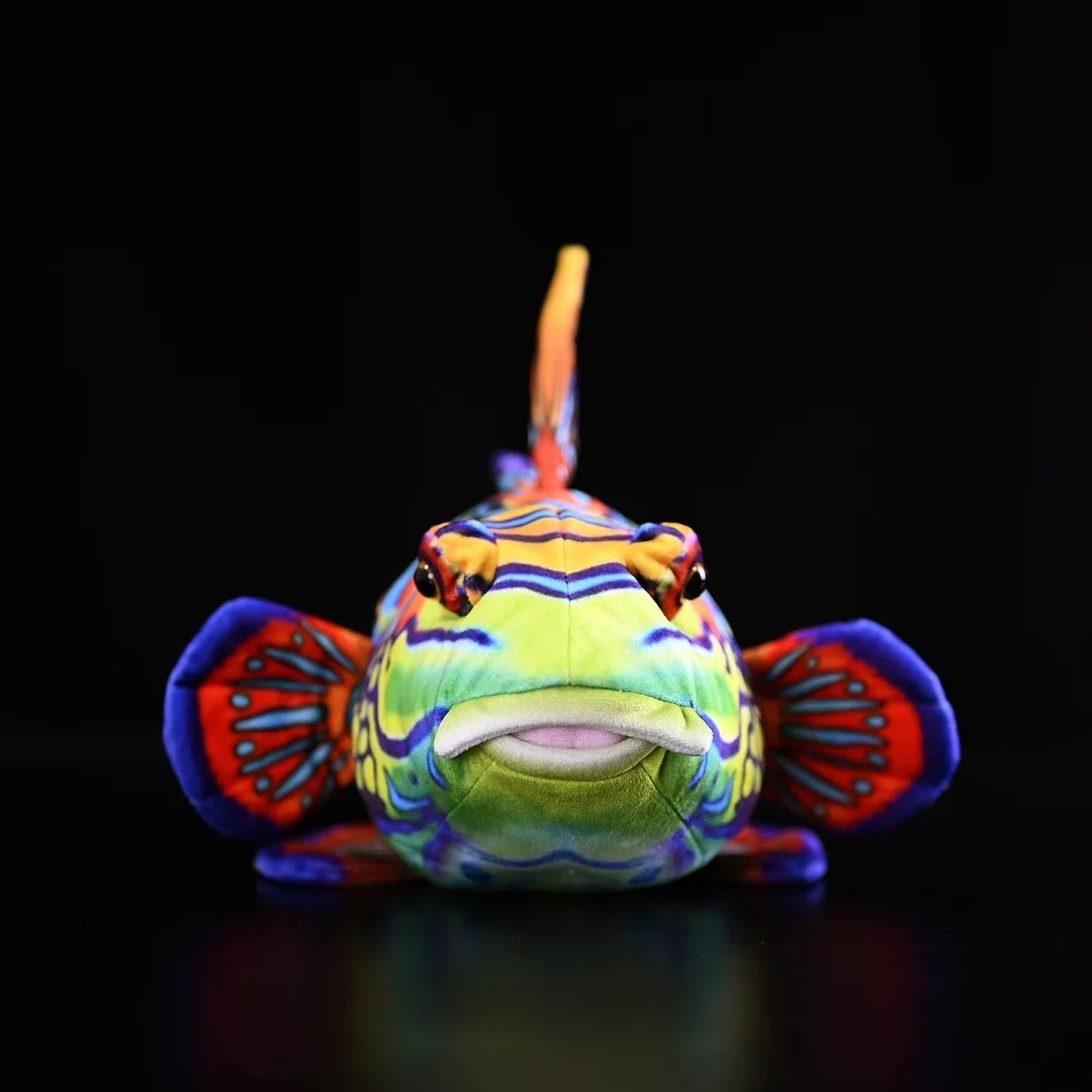 Front view of a colorful Mandarinfish Plush, showcasing its lifelike details and bold design