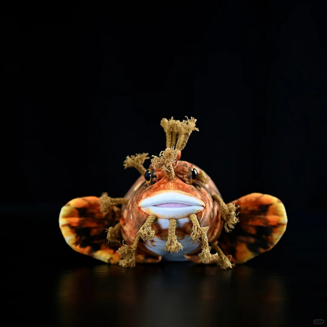 Front view of the Japanese Warbonnet Fringed Blenny plush with distinctive cirri and vibrant patterns