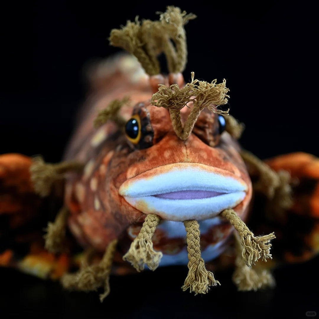 Close-up of Japanese Warbonnet Fringed Blenny plush by SoftDaysLab, featuring lifelike head details
