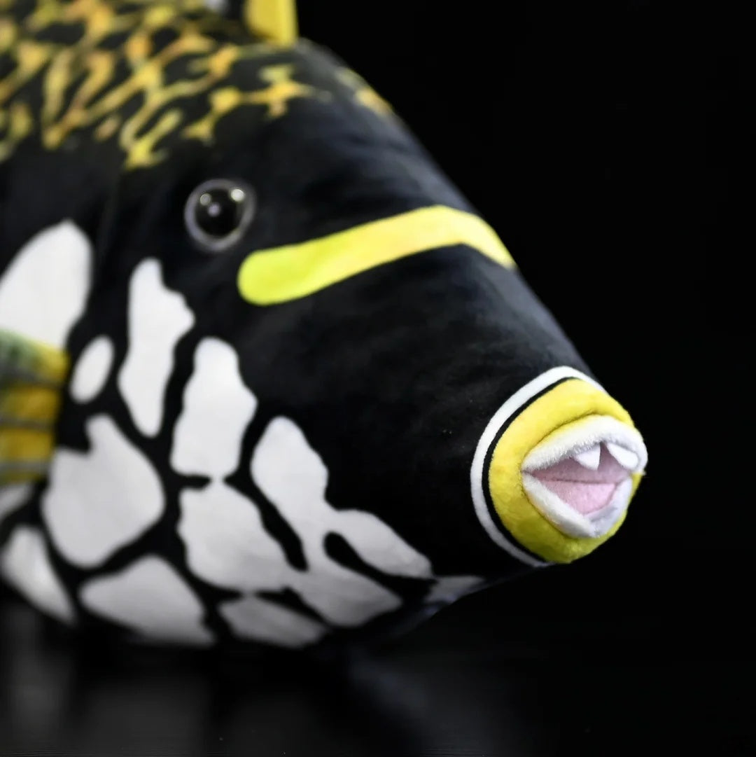 Close-up of the Clown Triggerfish plush's face by SoftDaysLab®, featuring precise and vivid detailing