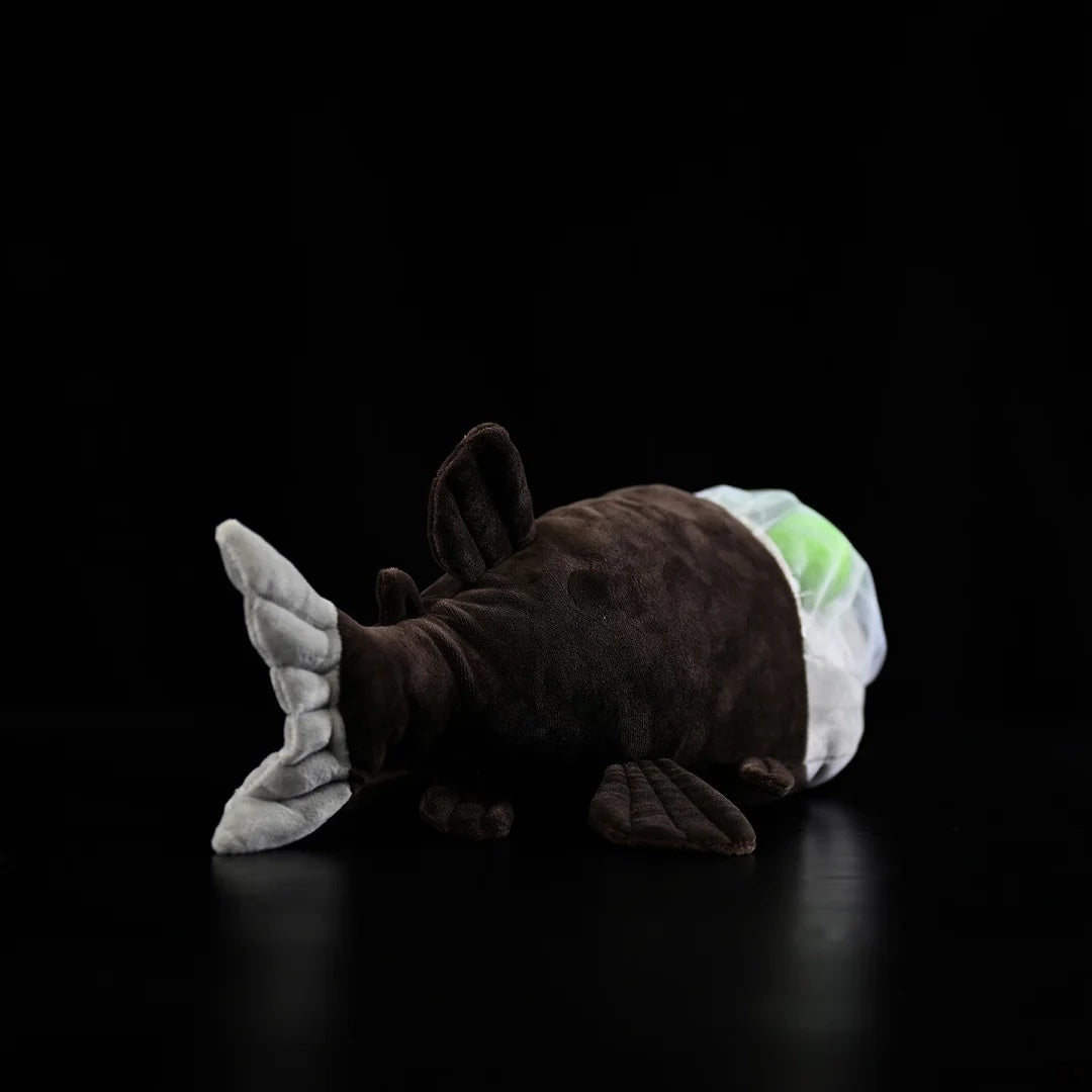 Rear angle of Pacific Barreleye Fish Plush by SoftDaysLab®, highlighting its lifelike fins and streamlined body