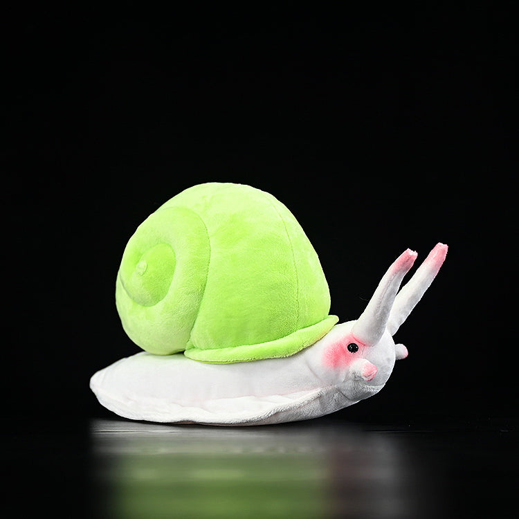 Realistic snail plush toy inspired by Leptopoma nitidum, with soft green shell and lifelike design by SoftDaysLab