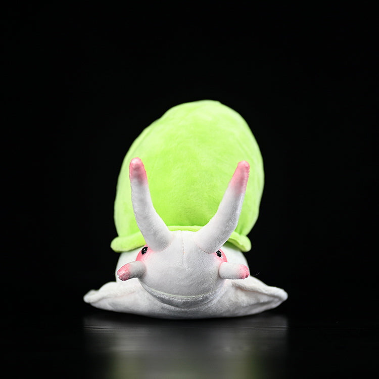 Front view of Leptopoma nitidum snail plush toy with realistic green shell and soft antennae by SoftDaysLab