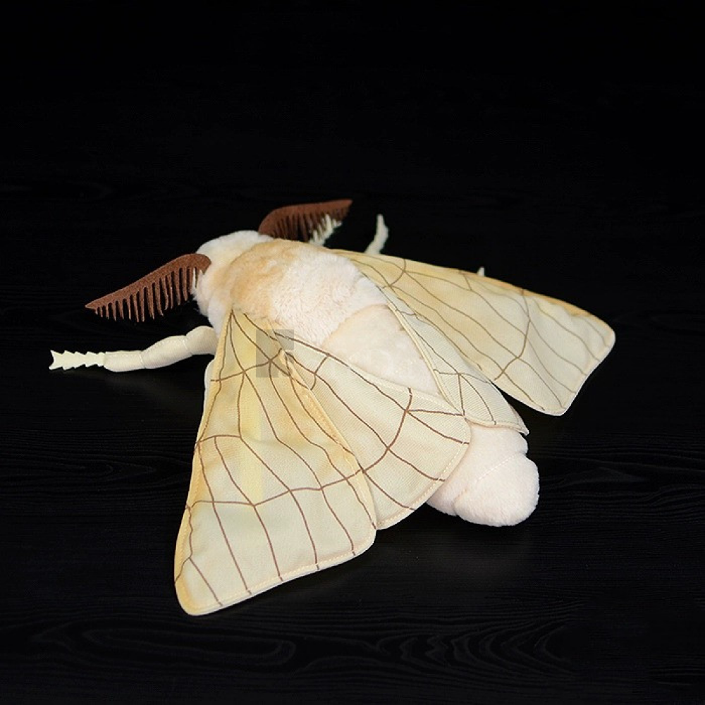 Back view of Silk Moth plush toy showing finely stitched wings and soft, lifelike body texture