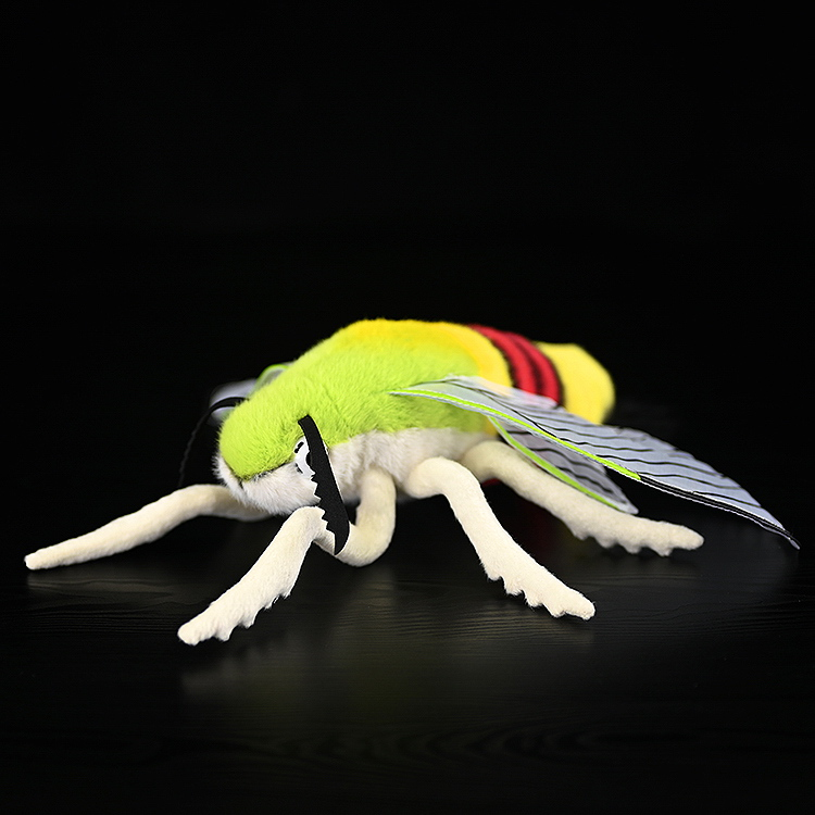 Side view of a realistic coffee bee hawkmoth plush toy with vibrant colors and soft fabric by SoftDaysLab