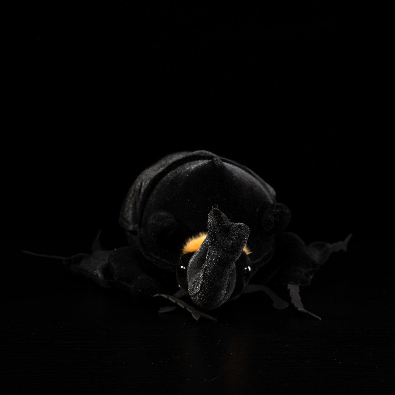 Front view of a Mars rhino beetle plush toy, showcasing its detailed horns and soft texture