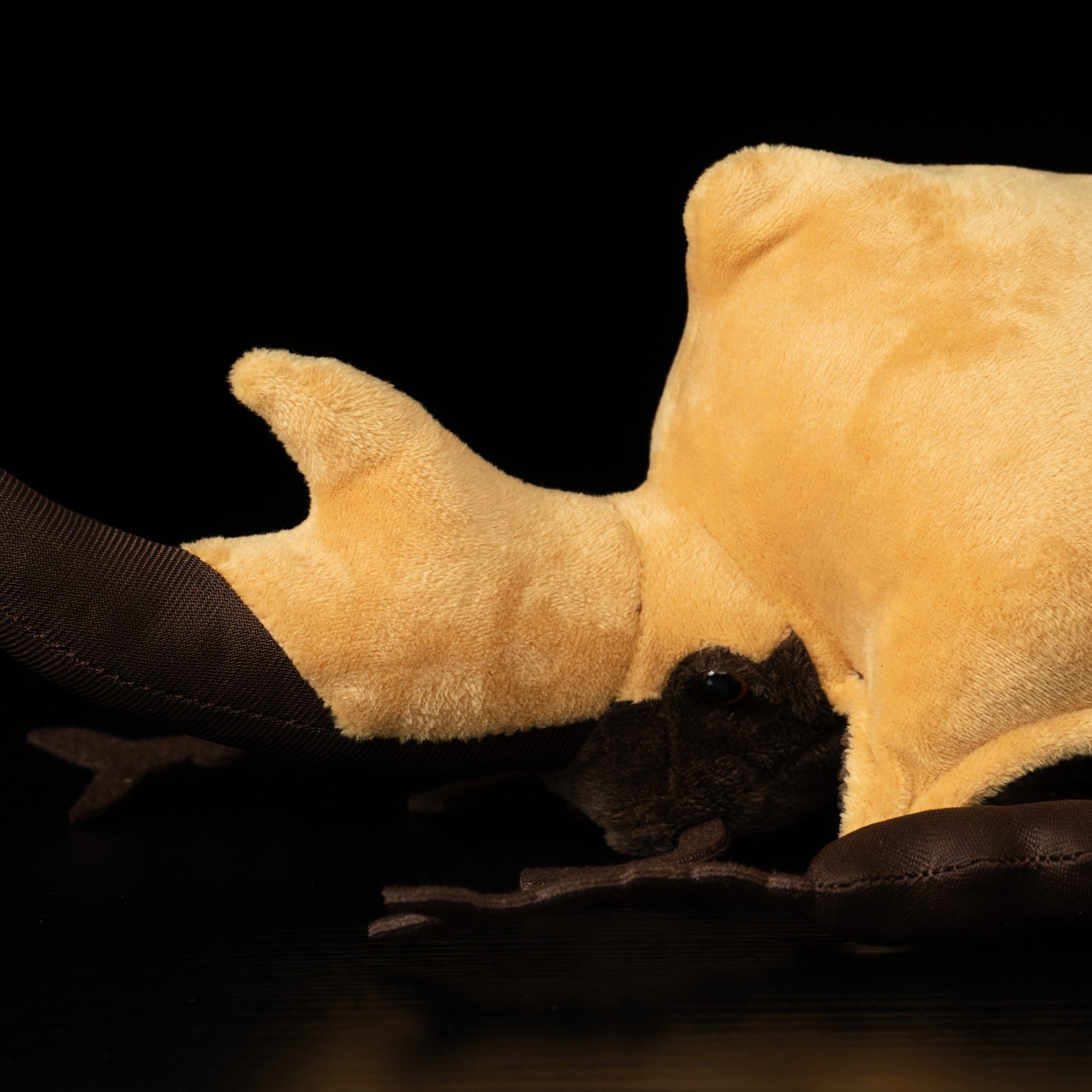 Close-up of elephant beetle plush head and horn details by SoftDaysLab®, showcasing realistic design